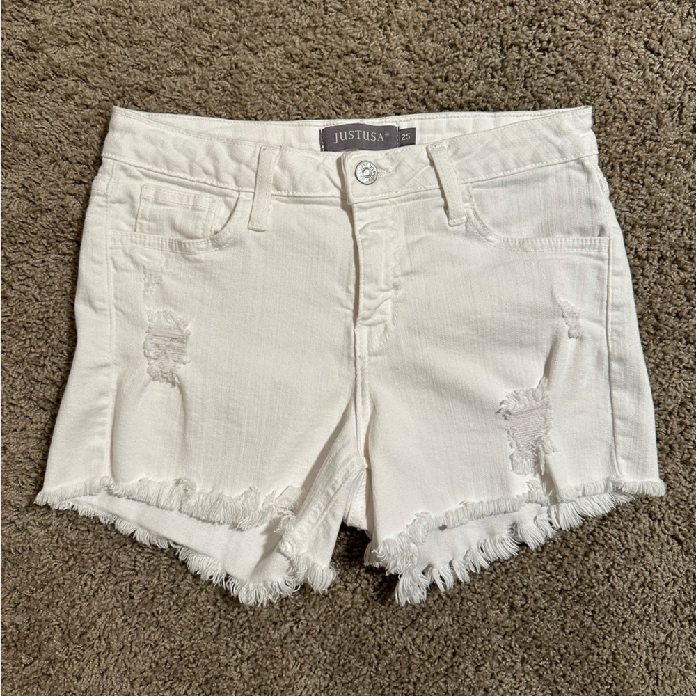 Just USA Women's Frayed Hem White Jean Shorts